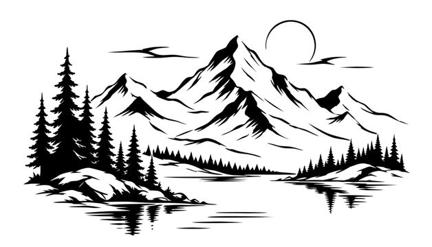 hand drawn mountain design. vector illustration of mountains, pine trees, moon or sun.