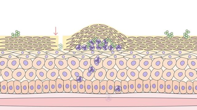 Bacterial skin infection and immune response, neutrophils migrating from blood vessel to form a pustule under the stratum corneum, impetigo, seamless loop 4K medical animation.