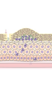 Vertical bacterial skin infection, neutrophils leaving a capillary and gathering into a pustule beneath the stratum corneum, impetigo, seamless loop medical animation 9:16.