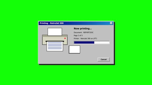 Retro printing dialog with printer icon and progress bar showing page count on green screen background, representing printing documents, office work, and vintage computer.