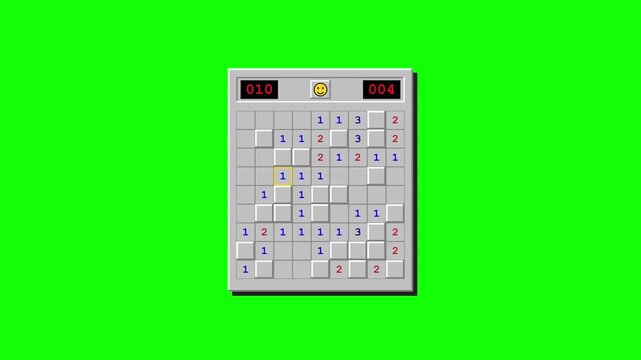 Retro mine puzzle game window with number grid and counters on green screen background, representing classic computer game, logic puzzle, and nostalgic gaming.