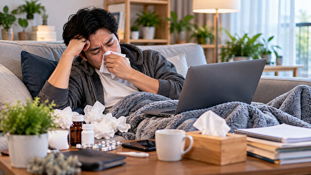 Sick Man Resting on Sofa While Working Remotely