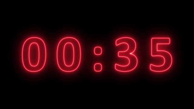 Bright red neon digital clock displaying 00 minutes and 37 seconds with a glowing effect against a solid black background representing a countdown timer or elapsed time indicator