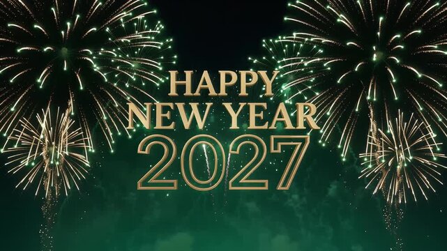 Happy new year 2027 text animation with bright green fireworks and sparks