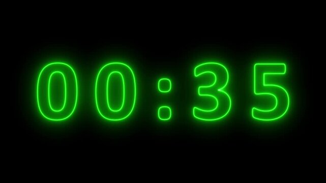 Vibrant green neon digital clock showing 00 minutes and 37 seconds with a luminous glow on a dark black background, representing time, countdowns, or technological interfaces