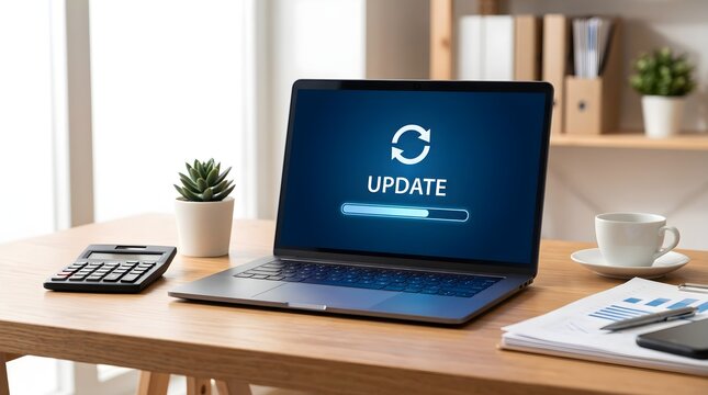 Modern laptop computer displaying software update progress bar on screen sitting on wooden office desk inside bright room