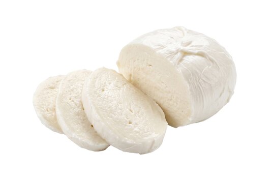 Fresh mozzarella cheese ball with sliced pieces, soft dairy curd on white back