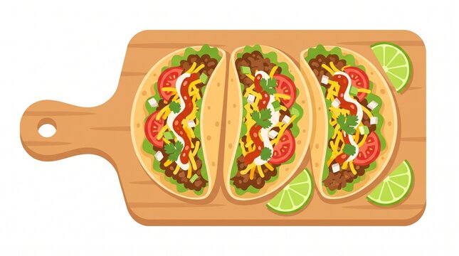 Loaded tacos arranged on a wooden cutting board vector illustration