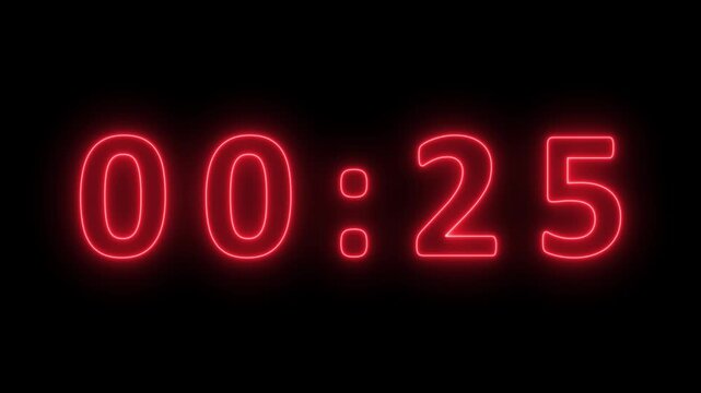Glowing red neon digital clock displaying 00 27 against a stark black background with a subtle light halo effect around the numerals