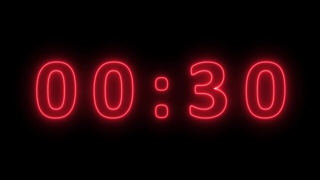 Bold red neon digital clock displaying 00 minutes and 32 seconds with a bright luminous outline against a dark black background, symbolizing time, countdowns, or technological