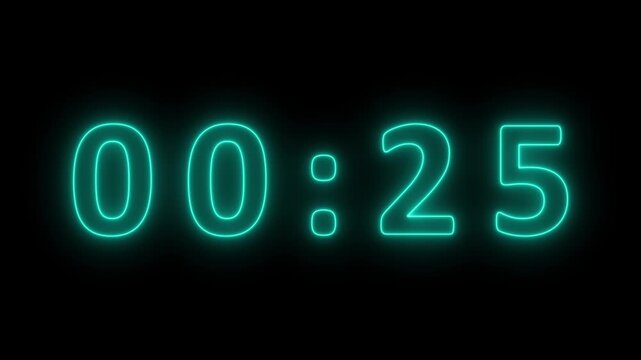Bright cyan neon digital clock showing 00 27 illuminated against a pure black backdrop with a soft luminous glow surrounding the numbers