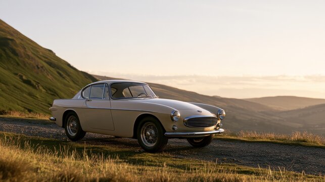 Vintage Coupe on a Scenic Hillside: A classic beige coupe, a timeless symbol of automotive design, is parked on a dirt road overlooking a misty valley at sunrise.