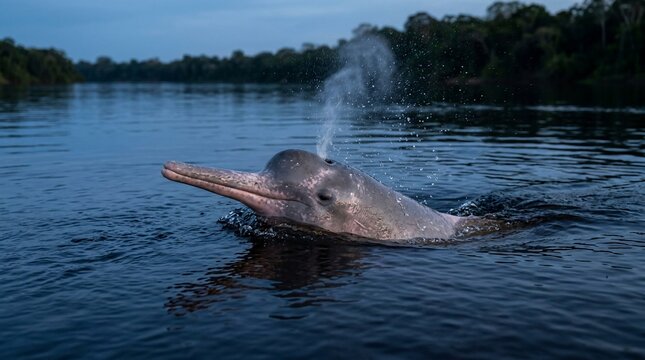 Pink river dolphin surfacing in a dark tropical river during twilight