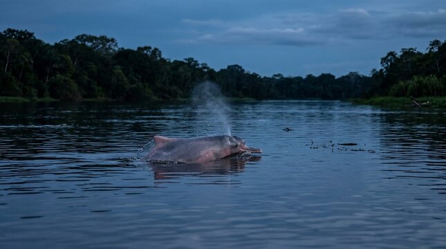 Pink river dolphin surfacing in a tropical jungle waterway at twilight