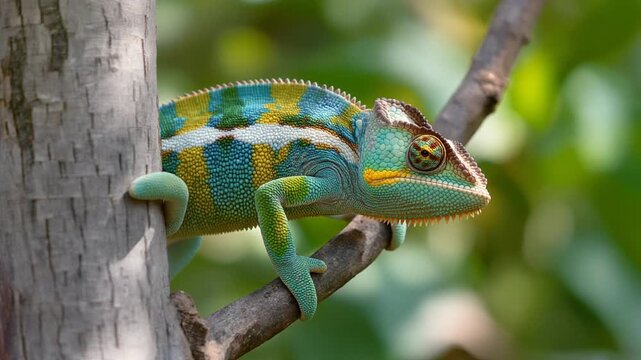 Colorful chameleon climbing a tree branch with a blurred green forest background