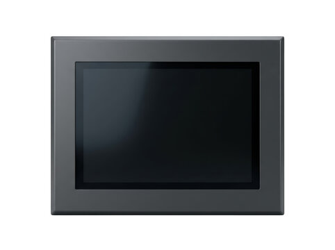 Modern touchscreen panel with black display and metallic frame set against transparent backdrop.