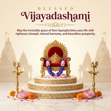 Blessed Vijayadashami festival social media post with golden simhasana throne and blue aparajita flowers on marble plinth with pink lotus blossoms and burgundy greeting typography for hindu holiday