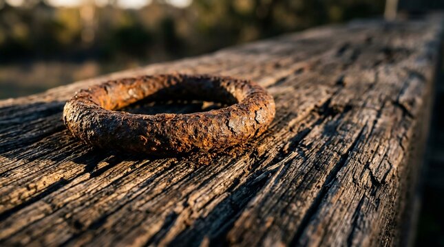 Rusty metal ring on weathered wooden beam outdoors in sunlight