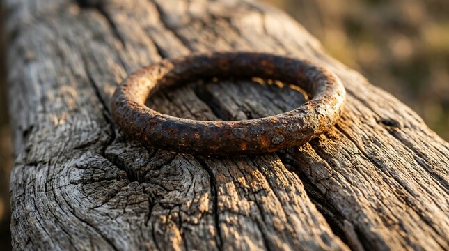 Rusty metal ring resting on weathered wooden beam under warm sunlight