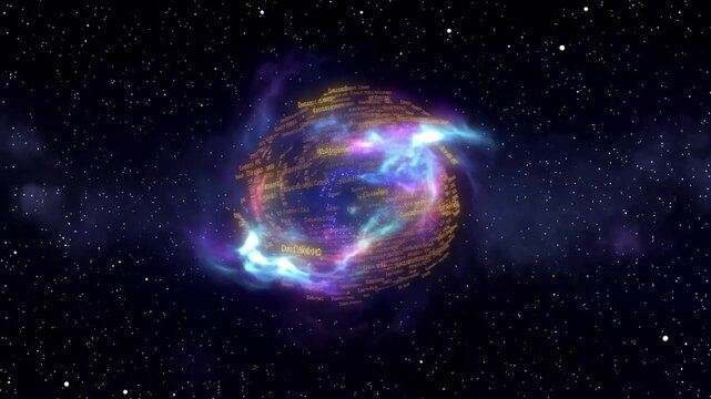 Floating gold text sphere orbiting in deep space with colorful cosmic nebulae