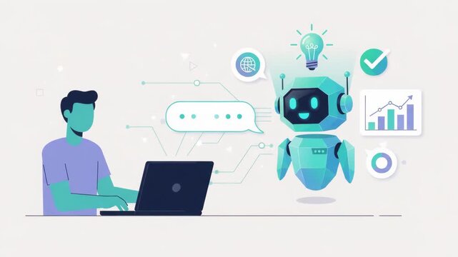Man chatting with friendly AI robot assistant on laptop flat illustration animation with chat bubble and idea icons
