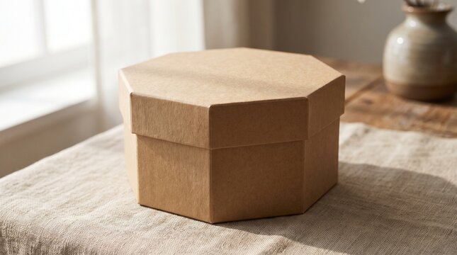 A kraft hexagon gift box sits on a textured linen surface