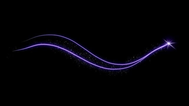 Purple light streak with sparkling star tracing wavy glitter trail on black background then dissolving