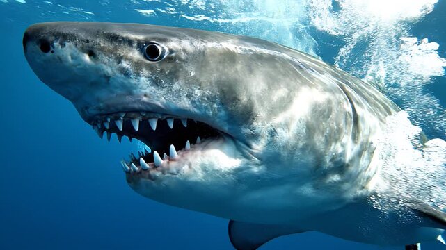 Great white shark attacking underwater with sunlight rays in the deep blue ocean