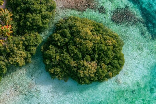 Editorial view of aerial view of flooded trees in calm water under soft studio light