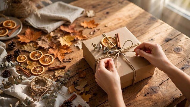 Hands wrapping gift box with autumn leaves and dried orange slices