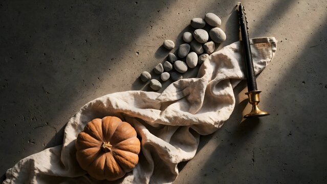 Harvest still life arrangement with pumpkin candle and stones