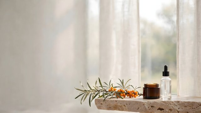 Natural cosmetic product and plant branch on stone surface near window
