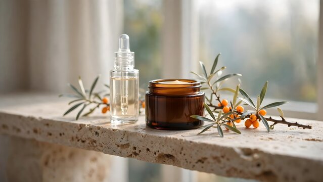 Natural skincare product and botanical elements on windowsill