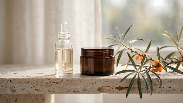 Natural cosmetic serum and cream in amber jar with plant branch