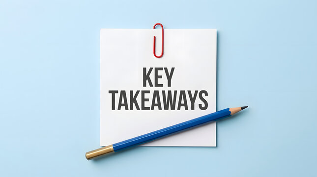Overhead minimalist flat lay photograph featuring a white square paper note with the text key takeaways attached by a red wire paperclip and a blue wooden pencil resting on a light blue background