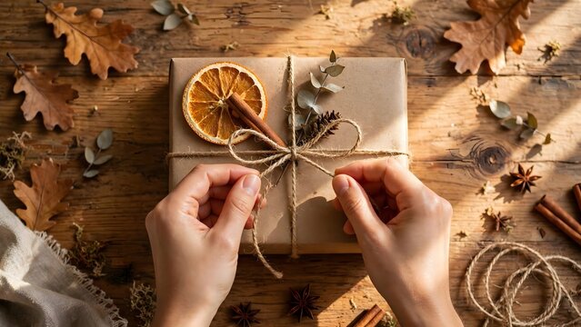 Person tying ribbon on gift box decorated with dried orange slice and cinnamon stick