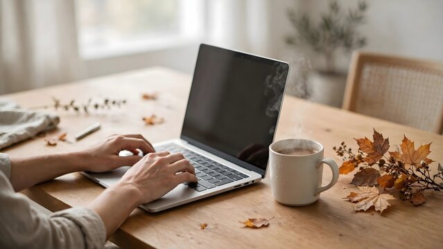 Person typing on laptop at wooden table with coffee and autumn leaves