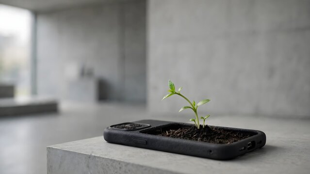 Plant growing from soil inside a modern smartphone case