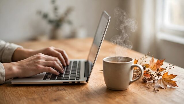 Person typing on laptop with hot beverage and autumn leaves on wooden table