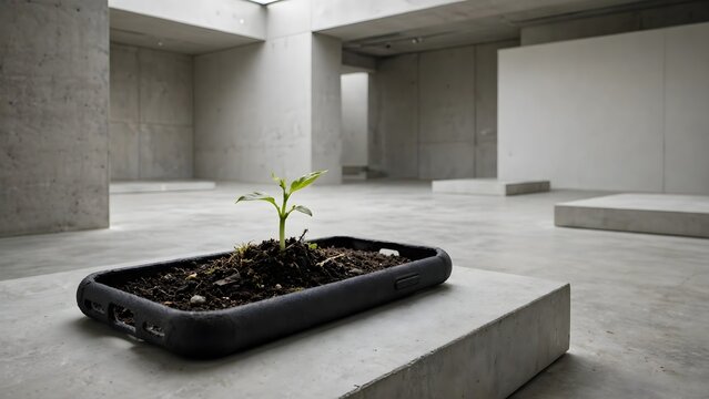 Plant growing from soil on electronic device in minimalist concrete interior