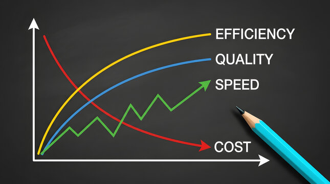 Business economics chart on a dark chalkboard displaying colored curves for efficiency, quality, speed, and decreasing cost, accompanied by a sharp blue wooden pencil pointing up for analysis