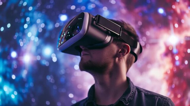 Immersive Reality: A young man dons a virtual reality headset, his gaze fixed upwards as he explores a mesmerizing, star-studded digital universe.