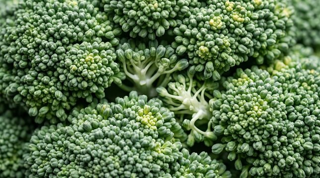 Extreme macro close-up of fresh green broccoli florets, highlighting intricate tiny buds and dense natural branching textures