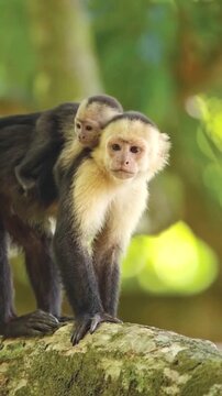 mother and baby, An adorable white faced capuchin monkey carries its tiny baby securely on its back while standing on a mossy tree branch in the jungle.
