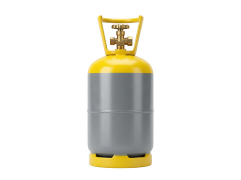 Yellow and silver industrial gas cylinder with pressure valve and protective cap.