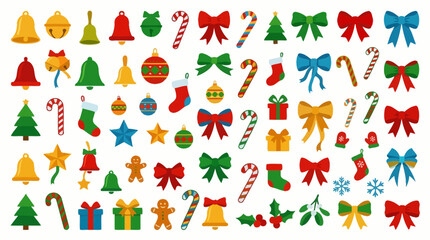 Obraz premium Christmas festive icons set with bells, trees, gifts, candy canes, and snowflakes isolated on white background christmas