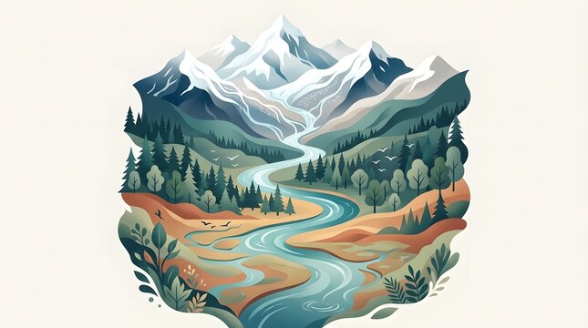 Stunning mountain landscape with winding river flowing through a lush forest valley, vector illustration style