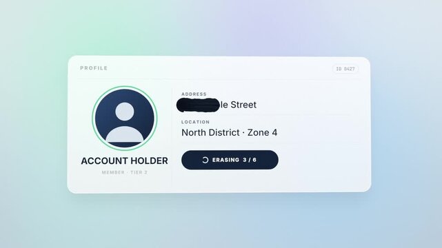 Account deletion interface erasing personal data fields one by one until account deleted checkmark appears
