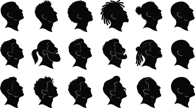 Men Portrait Profile Head Silhouette Vector Graphic Set Featuring Diverse Male Avatars Hairstyles Haircuts and Beards Looking Up in Side View Outline Layout