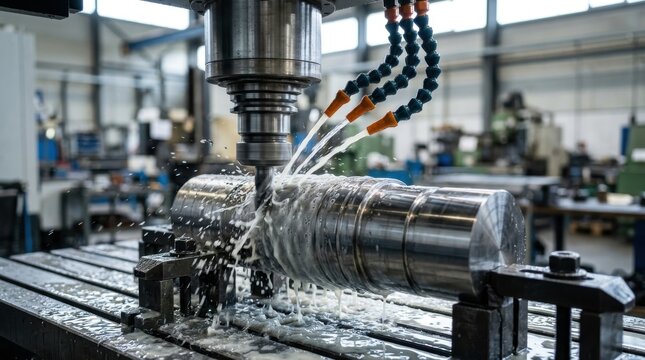 Metal CNC milling machine drilling cylindrical steel component with liquid coolant spray in industrial factory setting